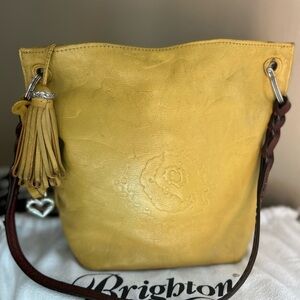 Brighton Yellow Leather Tassel Bucket Shoulder Bag with Brown Strap